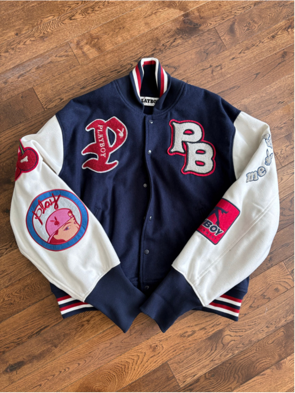 Playboy × Pacsun Varsity Bomber Jacket Mens XL Navy White